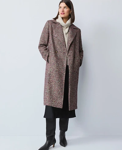 Ann Taylor Herringbone Double Breasted Long Coat Red/Purple Multi Women's