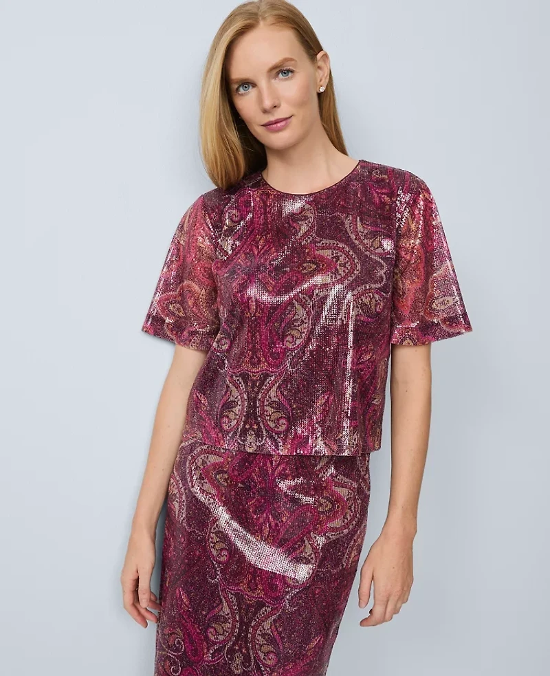 Ann Taylor Sequin Paisley Top Poised Plum Women's
