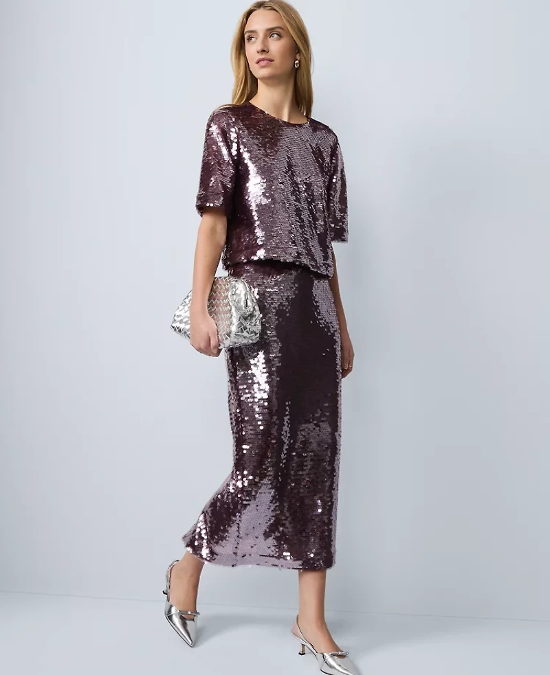 Ann Taylor Sequin Crew Neck Blouse Frosted Burgundy Women's