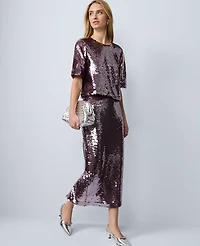 Ann Taylor Sequin Crew Neck Blouse Frosted Burgundy Women's