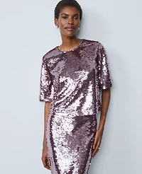 Ann Taylor Sequin Crew Neck Blouse Frosted Burgundy Women's