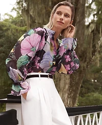 Ann Taylor Floral Ruffle Trim Blouse Black Women's