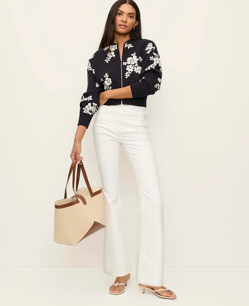 Ann Taylor Floral Jacquard Bomber Sweater Jacket Night Sky Women's