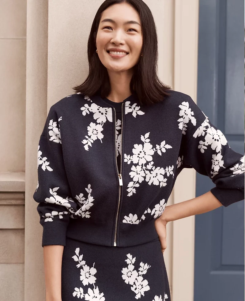 Ann Taylor Floral Jacquard Bomber Sweater Jacket Night Sky Women's