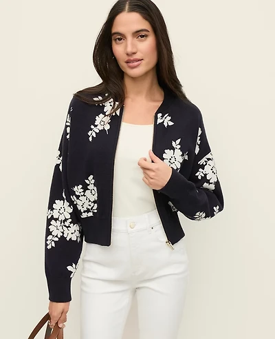 Ann Taylor Floral Jacquard Bomber Sweater Jacket Size Medium Night Sky Women's