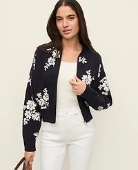 Ann Taylor Floral Jacquard Bomber Sweater Jacket Size Medium Night Sky Women's