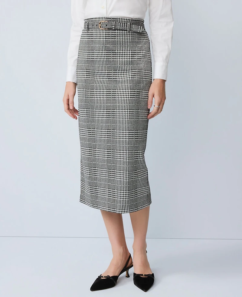 Ann Taylor Plaid Belted Midi Pencil Skirt Black/White Women's