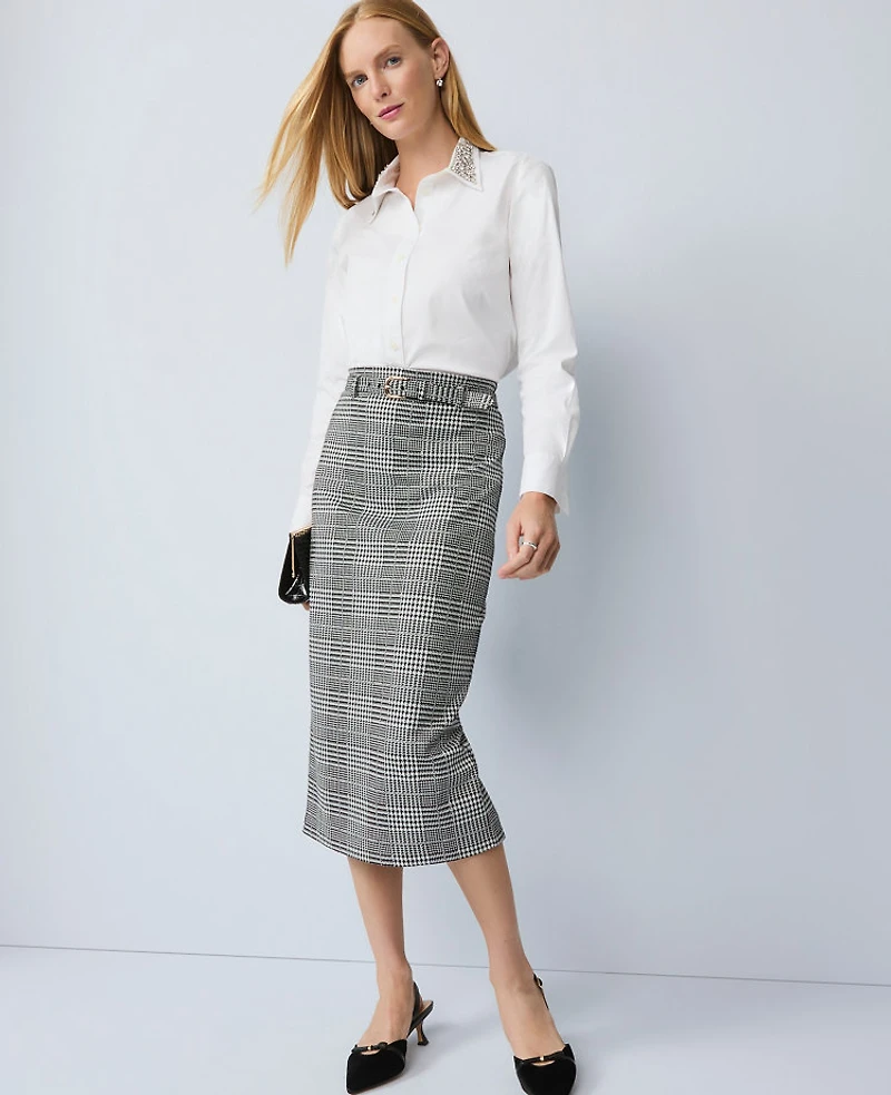 Ann Taylor Plaid Belted Midi Pencil Skirt Black/White Women's