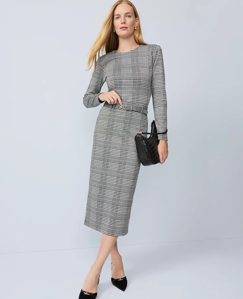 Ann Taylor Plaid Belted Midi Pencil Skirt Black/White Women's