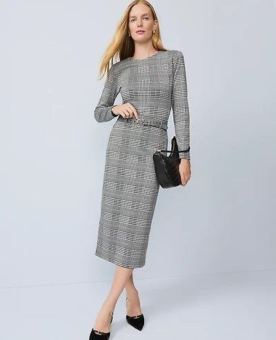 Ann Taylor Plaid Belted Midi Pencil Skirt Black/White Women's