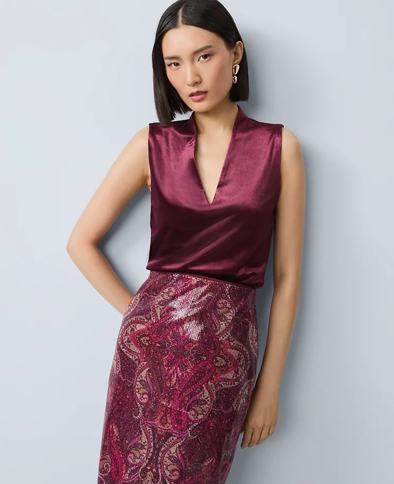 Ann Taylor Velvet Sleeveless V-Neck Top Poised Plum Women's