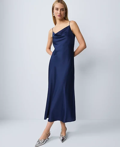 Ann Taylor Petite Satin Cowl Neck Slip Dress Twilight Sea Women's
