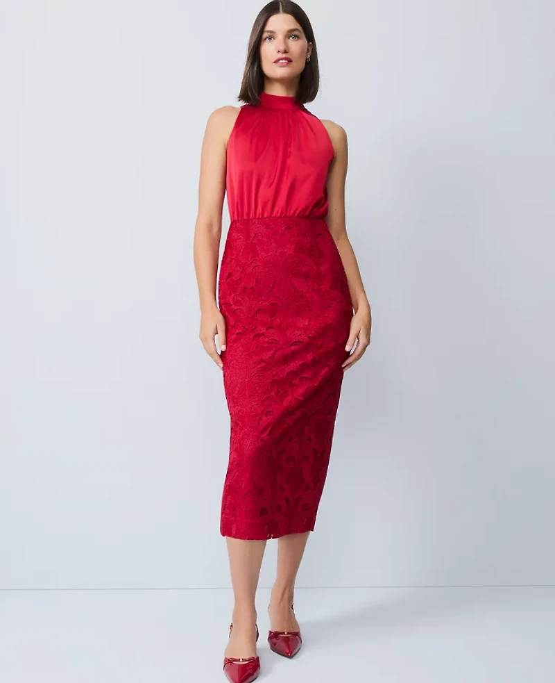 Ann Taylor Petite Mixed Media Halter Sheath Dress Jewel Red Women's
