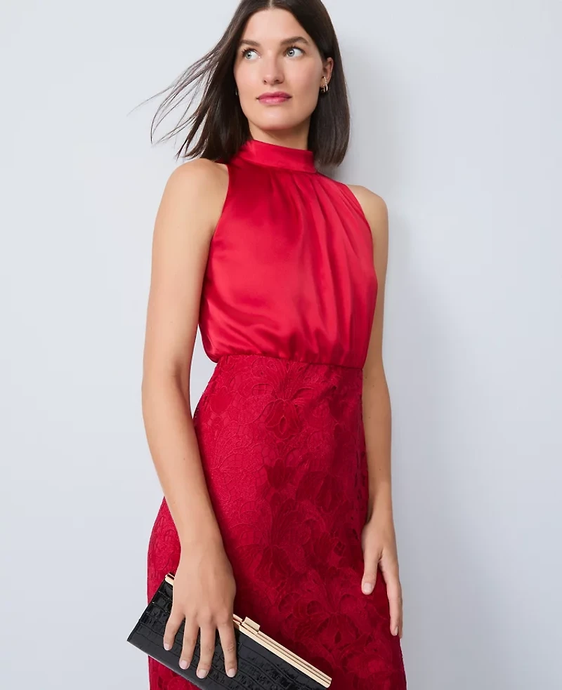 Ann Taylor Petite Mixed Media Halter Sheath Dress Jewel Red Women's