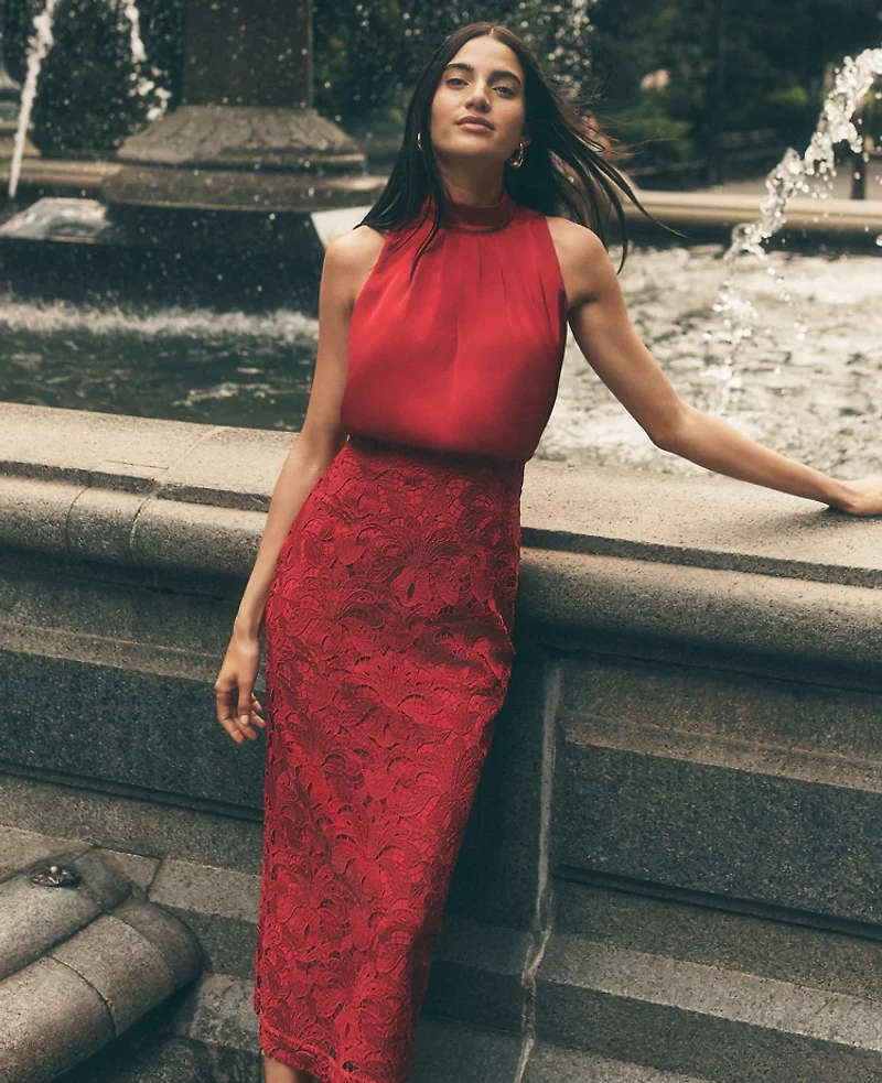 Ann Taylor Petite Mixed Media Halter Sheath Dress Jewel Red Women's