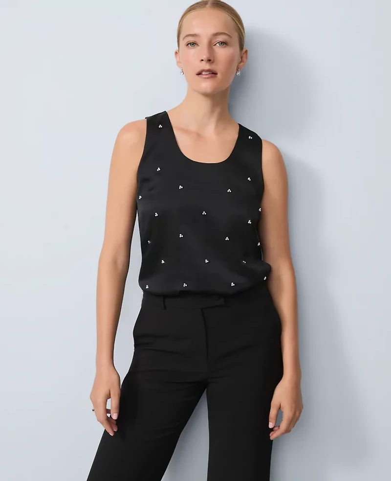 Ann Taylor Petite Pearl Embellished Sleeveless Top Black Women's
