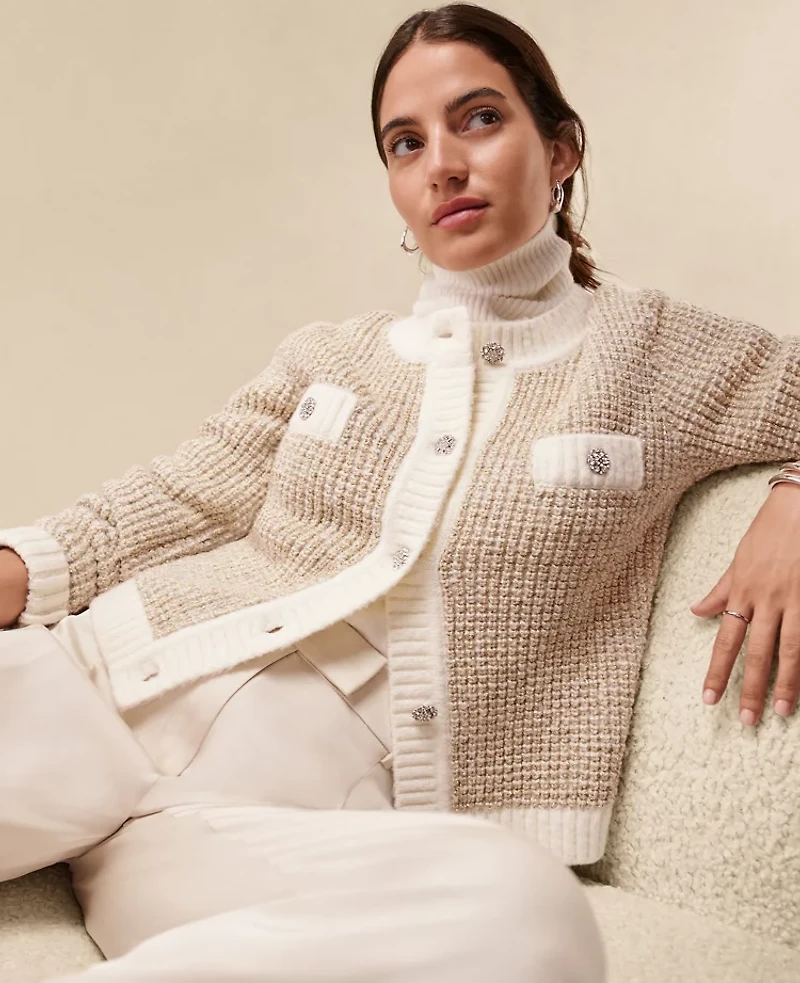 Ann Taylor Petite Metallic Waffle Knit Sweater Jacket Winter White Women's