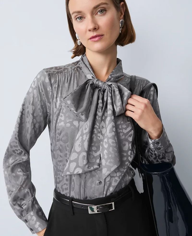 Ann Taylor Petite Animal Print Bow Blouse City Skyline Women's