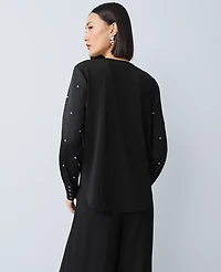 Ann Taylor Petite Pearl Embellished Mixed Media Top Black Women's