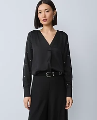 Ann Taylor Petite Pearl Embellished Mixed Media Top Black Women's