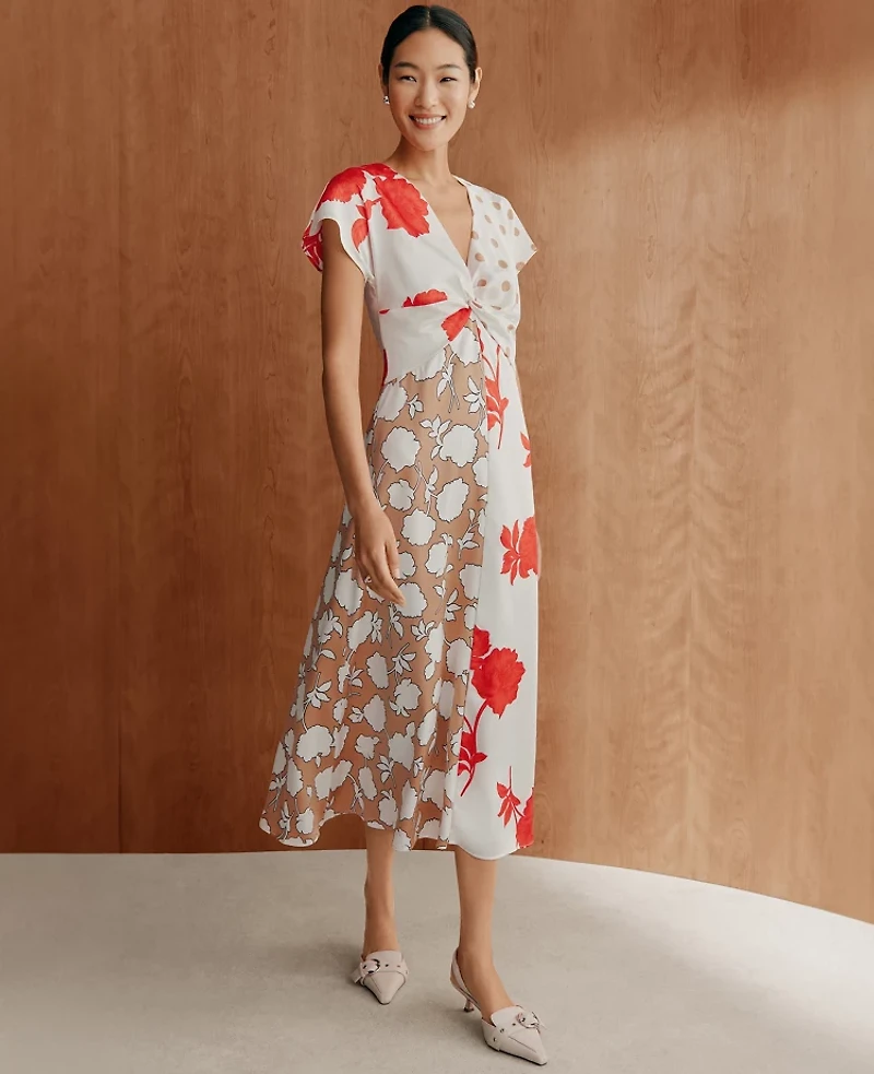 Ann Taylor Floral Collage Twisted Midi Dress Fiery Sunset Women's