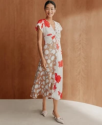 Ann Taylor Floral Collage Twisted Midi Dress Fiery Sunset Women's