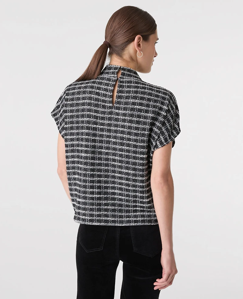 Ann Taylor Plaid Tweed Mock Neck Top Black/White Multi Women's