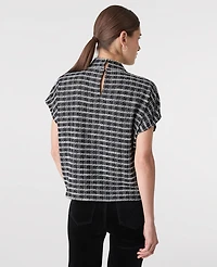 Ann Taylor Plaid Tweed Mock Neck Top Black/White Multi Women's