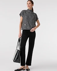 Ann Taylor Plaid Tweed Mock Neck Top Black/White Multi Women's