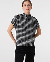 Ann Taylor Plaid Tweed Mock Neck Top Black/White Multi Women's