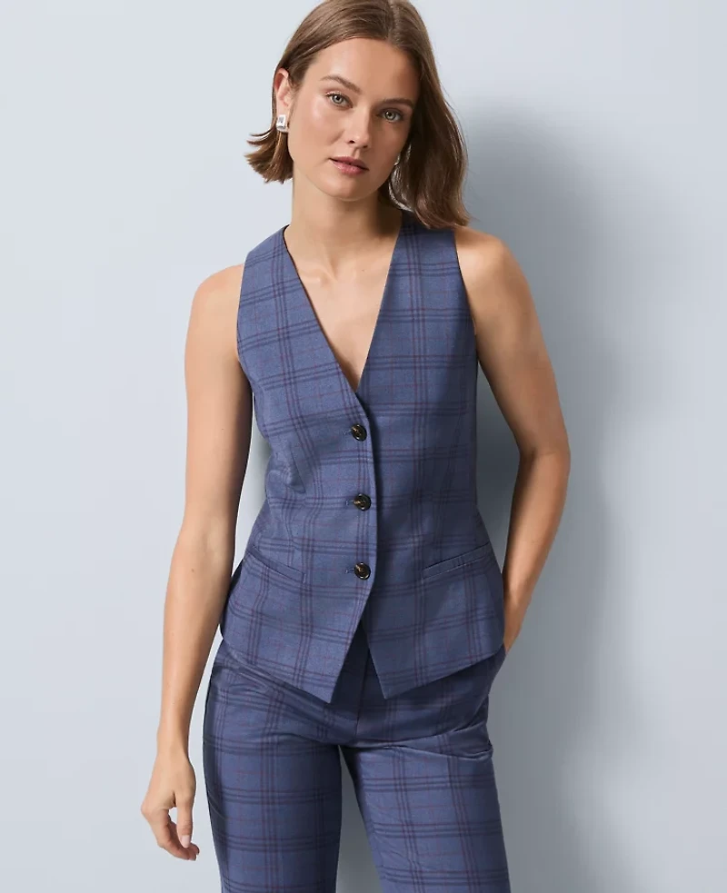 Ann Taylor The Petite Cutaway Vest Plaid Blue Multi Women's