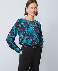 Ann Taylor Petite Floral Boatneck Blouse Size Small Deep Lagoon Women's