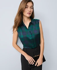Ann Taylor Petite Plaid Satin Sleeveless Shirt Rainforest Women's