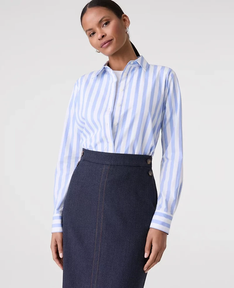 Ann Taylor Petite Striped Relaxed Perfect Shirt Calm Water Blue Women's