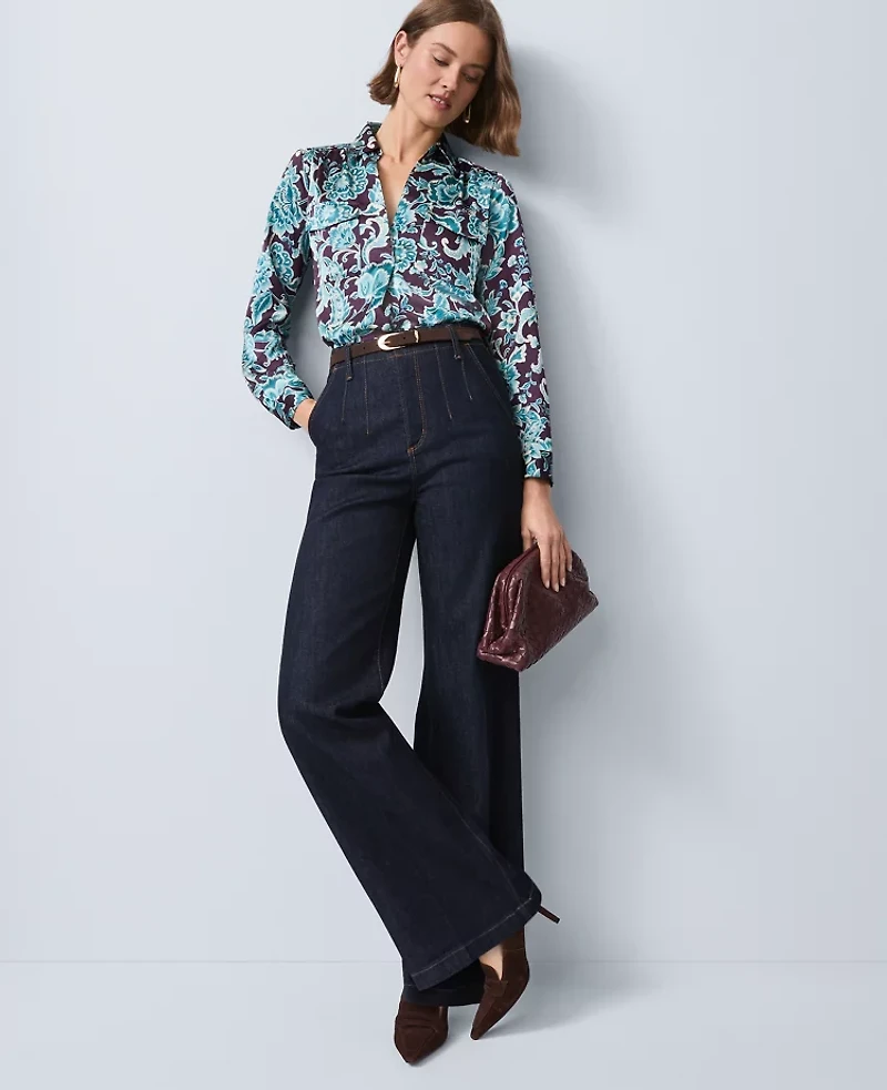 Ann Taylor Petite Floral Camp Shirt Aubergine Dream Women's