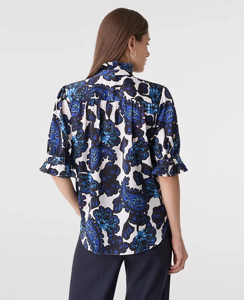 Ann Taylor Floral Ruffle Collar Shirt Night Sky Women's