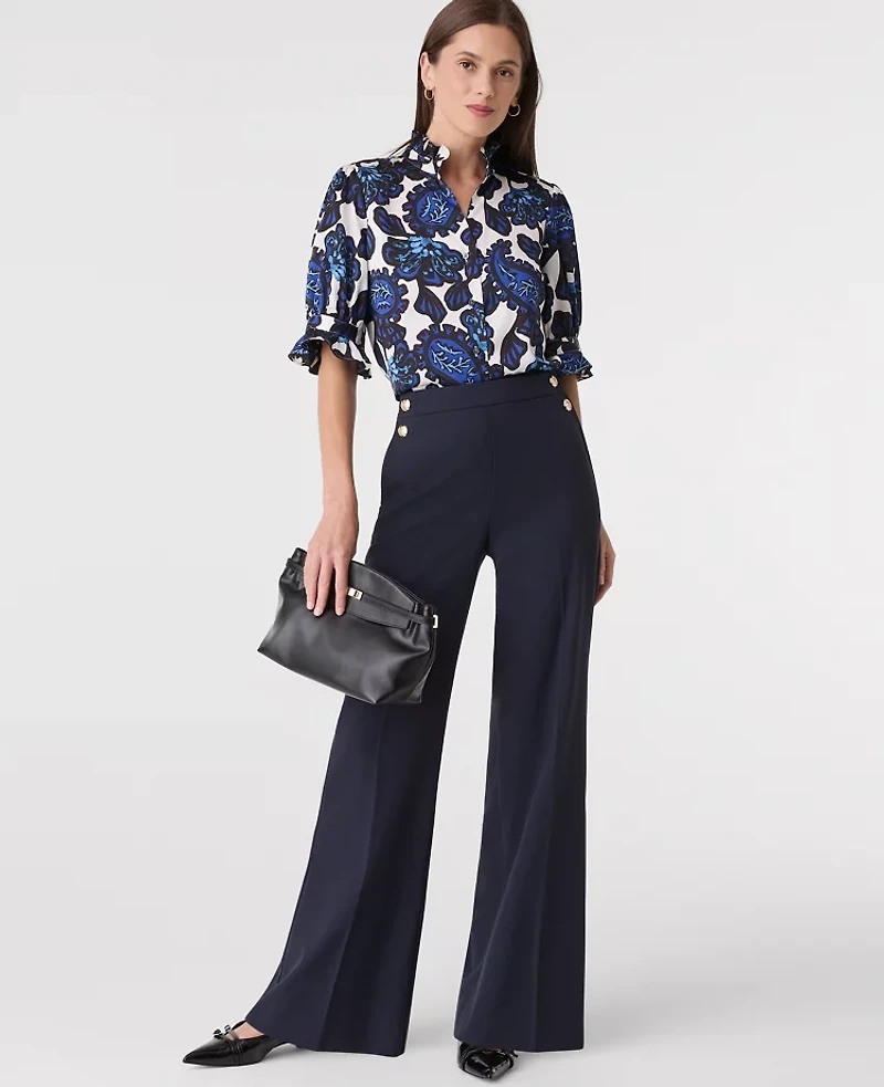 Ann Taylor Floral Ruffle Collar Shirt Night Sky Women's