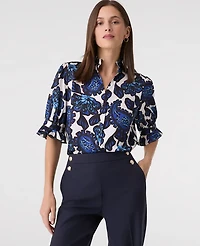 Ann Taylor Floral Ruffle Collar Shirt Night Sky Women's