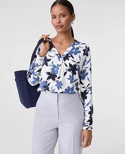 Ann Taylor Floral Pleat Front Top Winter White Women's