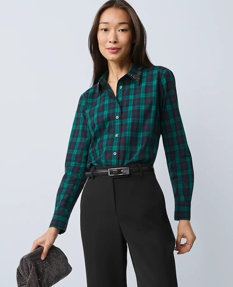 Ann Taylor Petite Embellished Plaid Relaxed Perfect Shirt Rainforest Women's