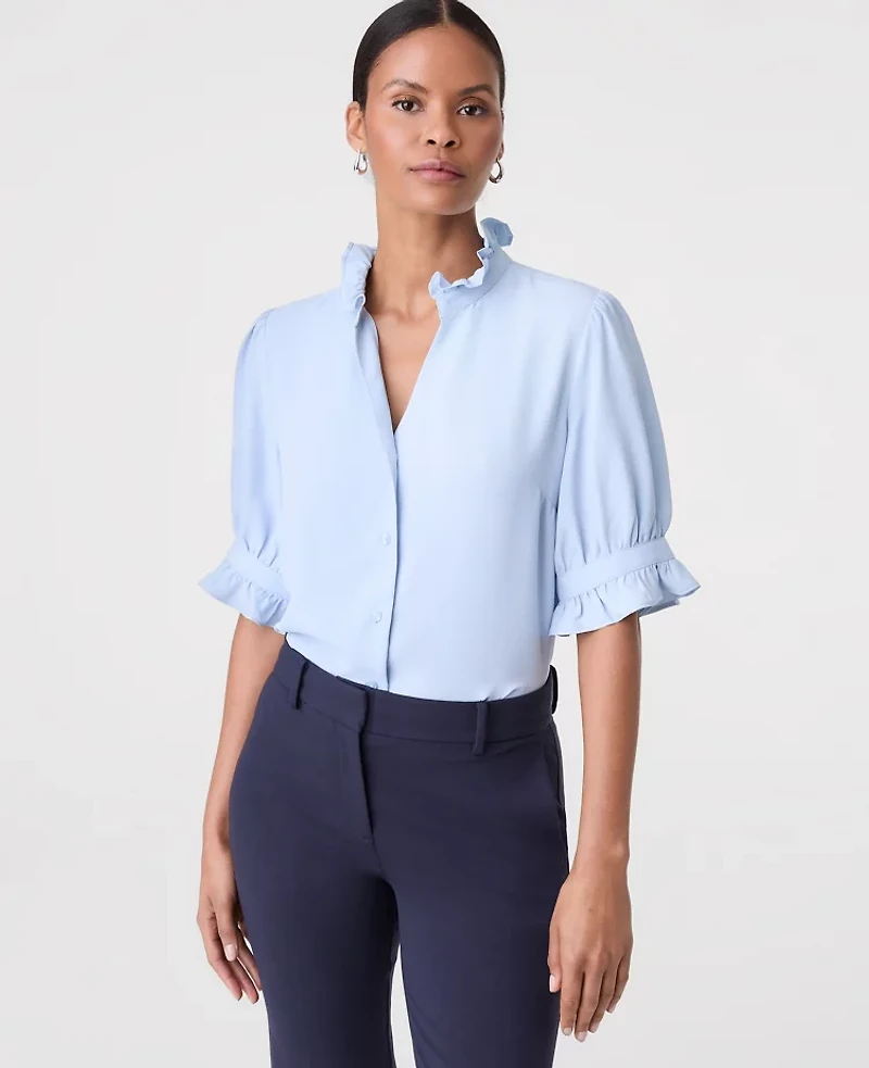 Ann Taylor Ruffle Collar Shirt Pristine Blue Women's