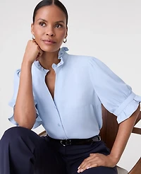 Ann Taylor Ruffle Collar Shirt Pristine Blue Women's