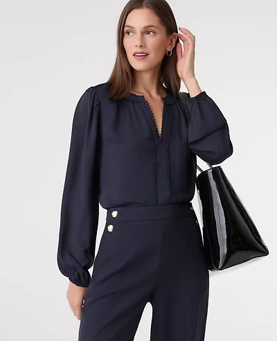 Ann Taylor Petite Bobble Trim V-Neck Blouse Women's