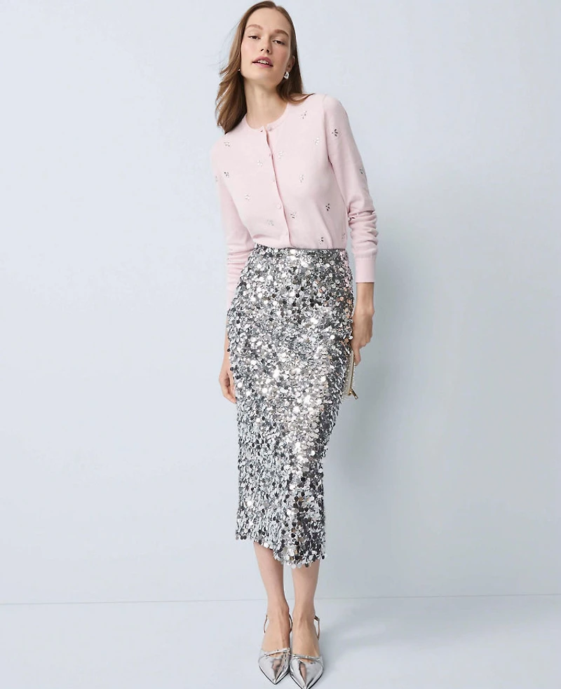 Ann Taylor Sequin Column Midi Skirt Silver Spark Women's