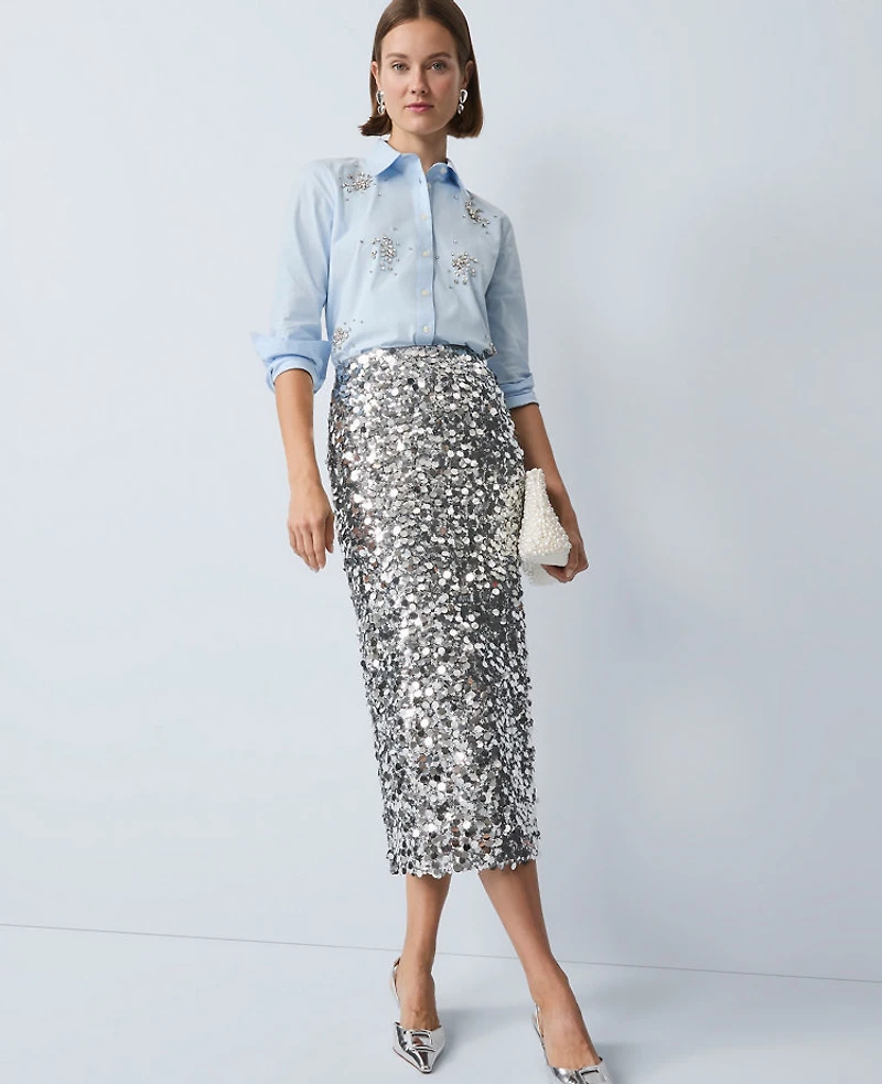 Ann Taylor Sequin Column Midi Skirt Silver Spark Women's