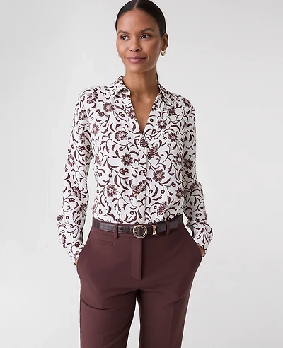 Ann Taylor Floral Satin Essential Shirt Winter Whtie Women's