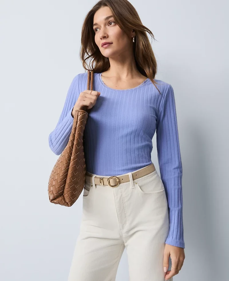 Ann Taylor Petite Weekend Collection Lace Trim Pointelle Top Peaceful Periwinkle Women's