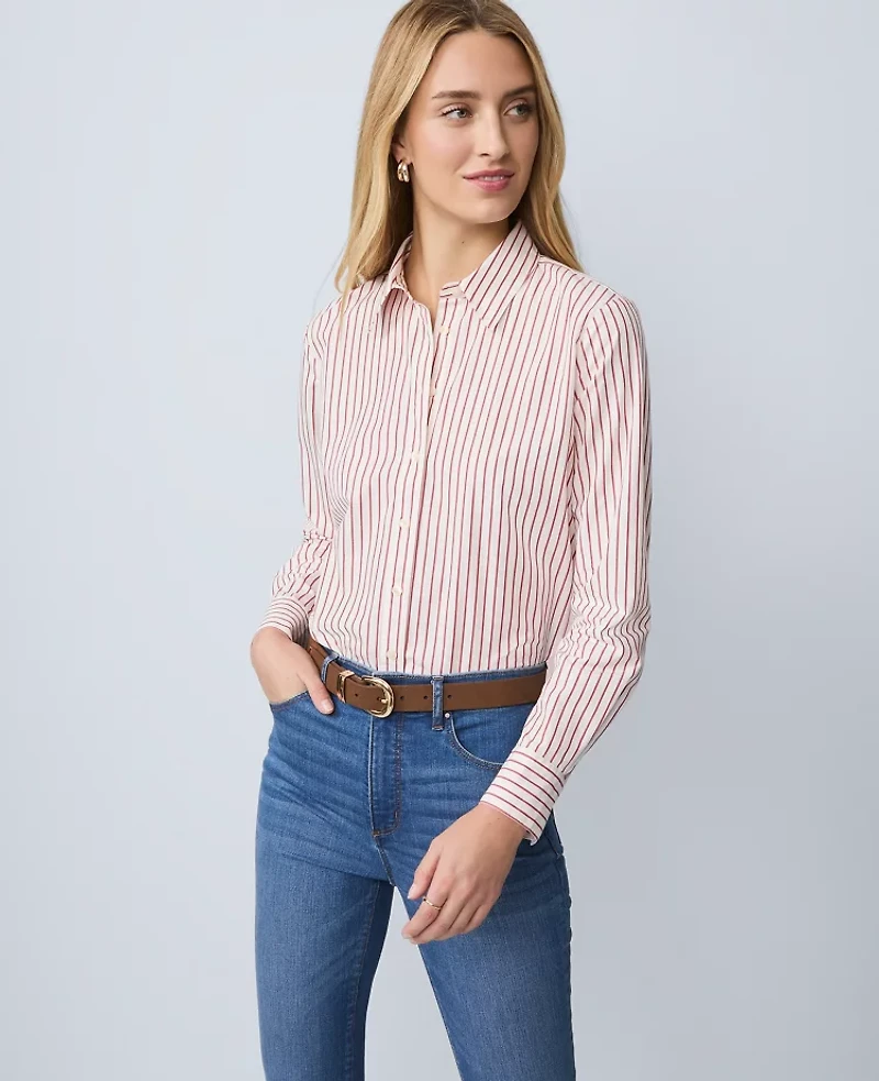 Ann Taylor Petite Weekend Collection Striped Relaxed Perfect Shirt Jewel Red Women's