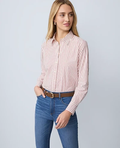 Ann Taylor Petite Weekend Collection Striped Relaxed Perfect Shirt Jewel Red Women's