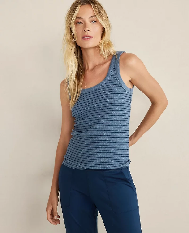 Ann Taylor Haven Well Within Essential Organic Cotton Delicate Stripe Scoop Neck Tank Top Twilight Blue Heather Women's